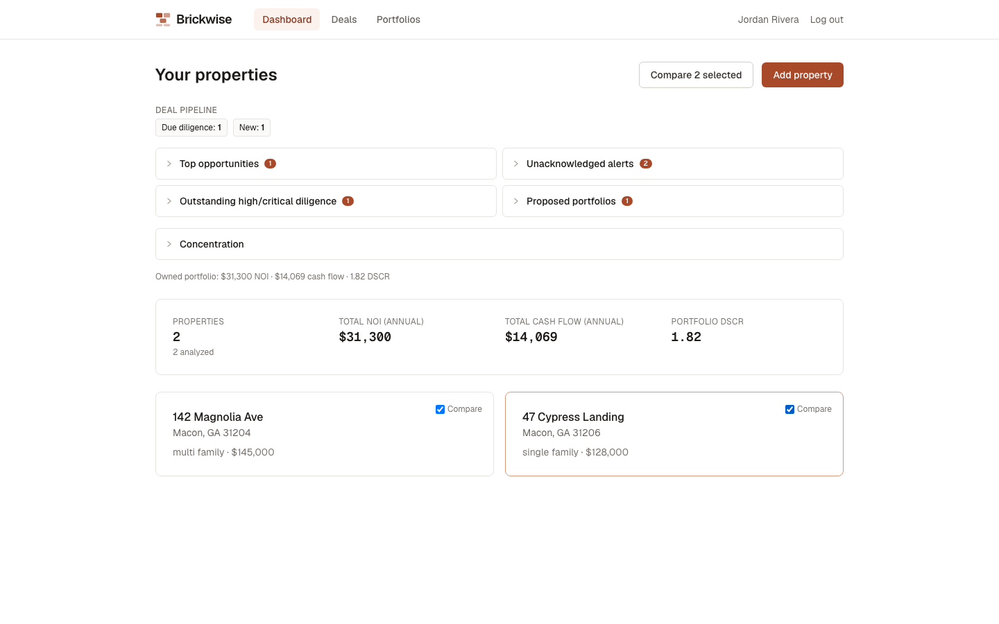 Two properties selected for comparison on the Dashboard