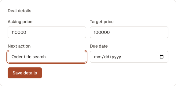 Deal details form with target price and next action filled in