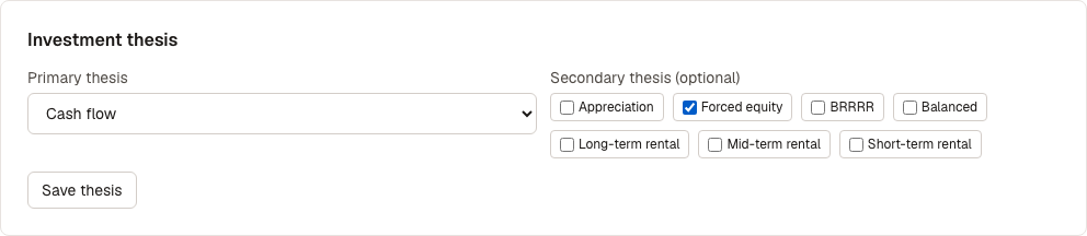 Investment thesis editor with primary and secondary selections